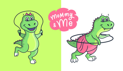 This is a family look vector illustrations. Cartoonish girl dinosaurs in the Sport style. Collection mommy and me is good for t-shirt designs, stickers, ads, etc