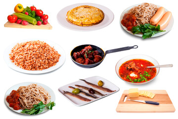 Top view of many plates with different food over white background