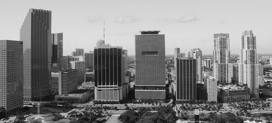 Downtown Miami aerial view, Florida from drone viewpoint. City skyline on a wonderful sunny day, slow motion.