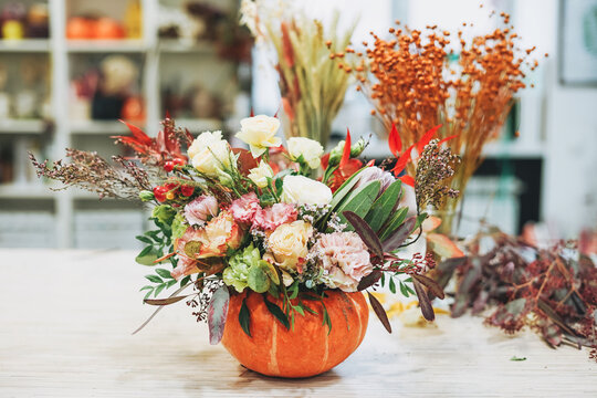 DIY Autumn Flower Arrangement Bouquet In Pumpkin At The Floristry Studio