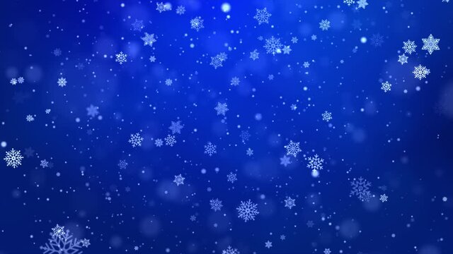 Abstract blurred soft blue and white beautiful glowing blinking bokeh and snowfall and star on colorful particles loop background for merry christmas, happy new year, presentation design