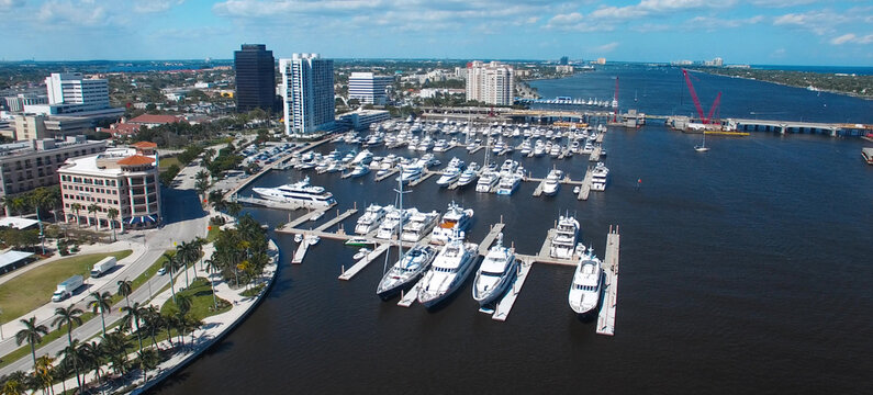 Aerial View Of West Palm Beach Skyline In Slow Motion From Drone, Florida.