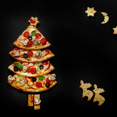 Pieces of pizza set like christmas tree