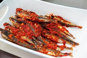 Fried fish with chili sauce Indonesian or Asian food