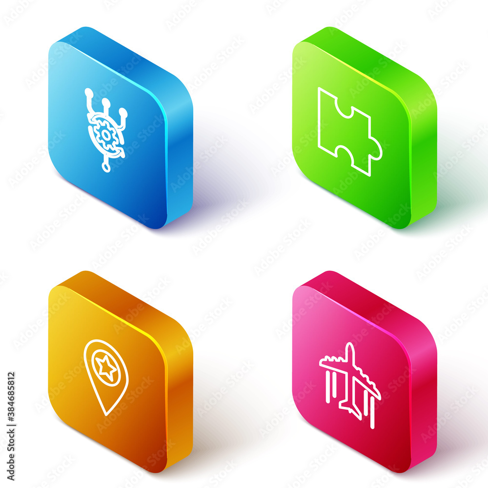 Poster set isometric line algorithm, piece of puzzle, location with star and plane icon. vector.