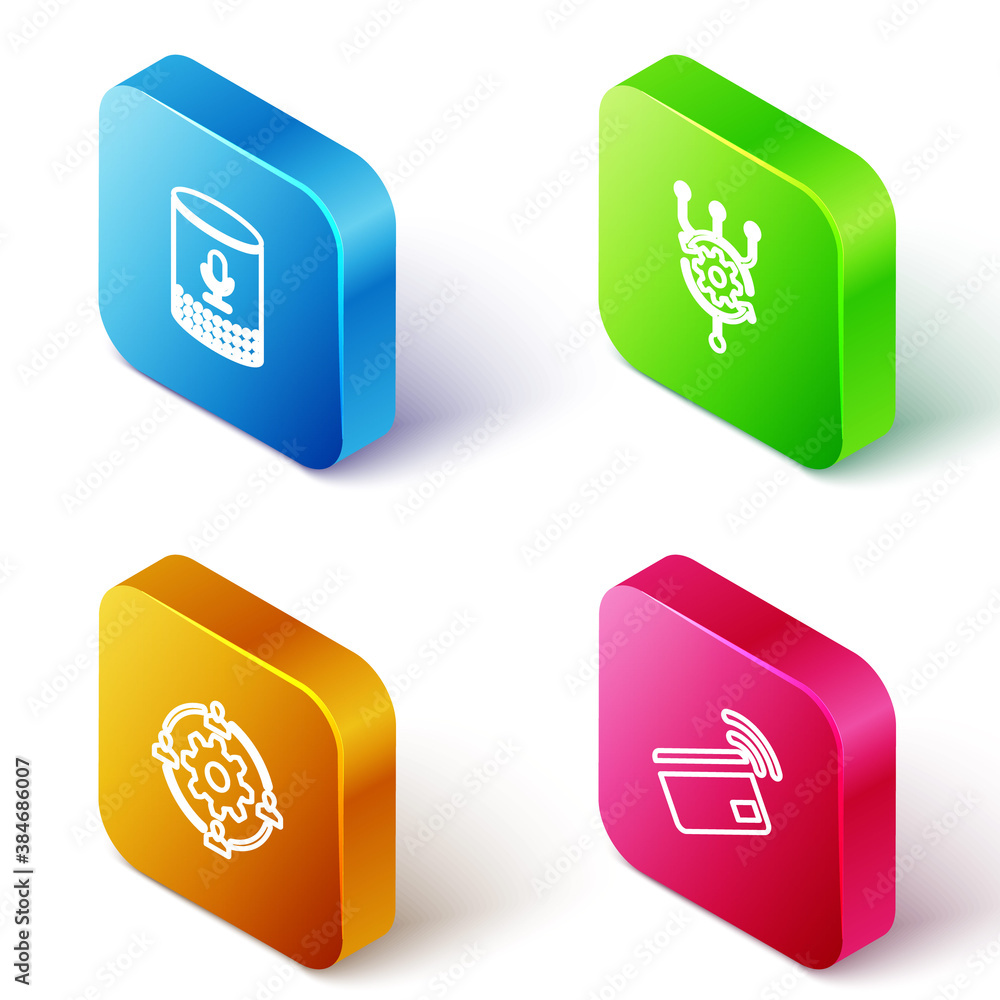 Poster set isometric line voice assistant, algorithm, outsourcing concept and contactless payment icon. vec