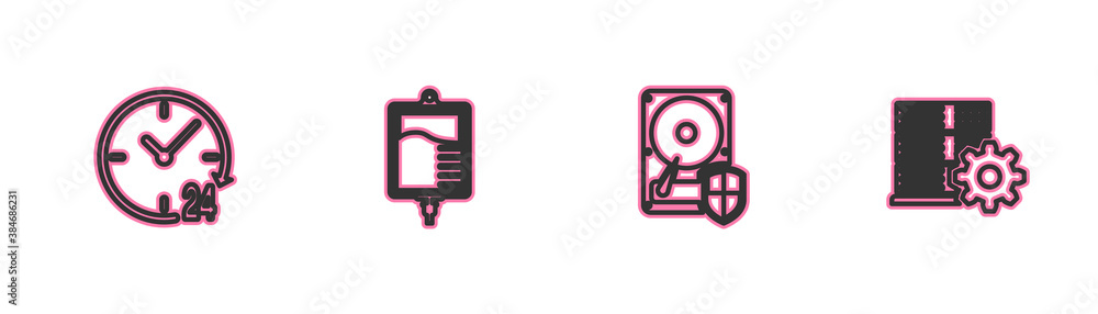 Poster set line clock 24 hours, hard disk drive hdd protection, iv bag and server setting icon. vector.