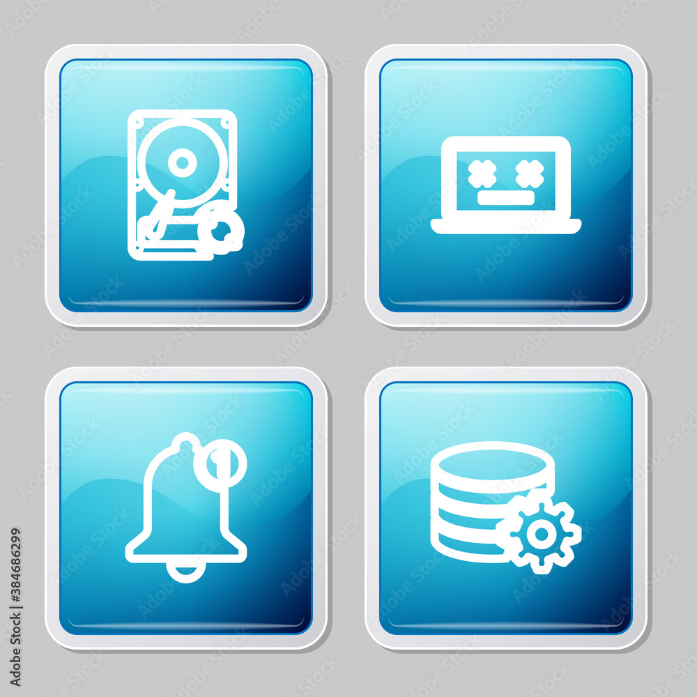Poster set line hard disk drive hdd sync refresh, dead laptop, bell and setting database server icon. vecto