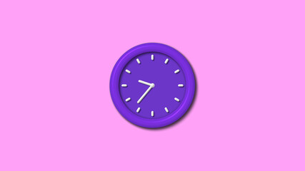 New purple dark 3d wall clock isolated on pink light background, 12 hours counting down wall clock