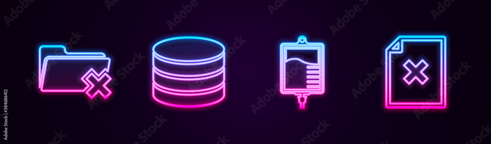 Poster set line delete folder, database, iv bag and file document. glowing neon icon. vector.