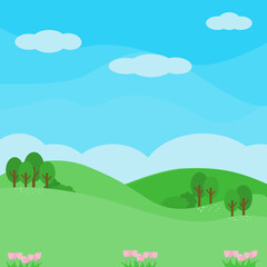 Illustrator vector of a beautiful scenery of meadow, mountain and blue sky