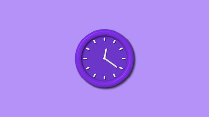 New 12 hours purple color 3d wall clock isolated on purple light background, Counting down 3d wall clock