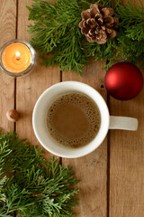 Hot coffee for Winter season. Merry Christmas and Happy New Year .Hot drink for vacation holiday.