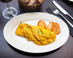 Delicious french omelet with cheese and fresh herbs served with toasts on white plate