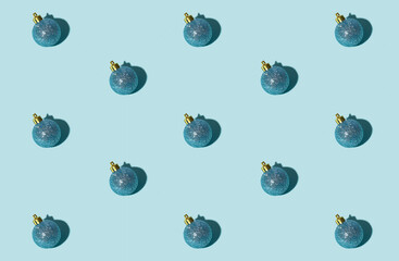 Blue Xmas background. Bauble seamless pattern. Winter holidays decor. Festive adornment. Round...