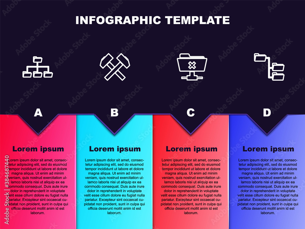 Poster set line folder tree, two crossed hammers, ftp cancel operation and . business infographic template.