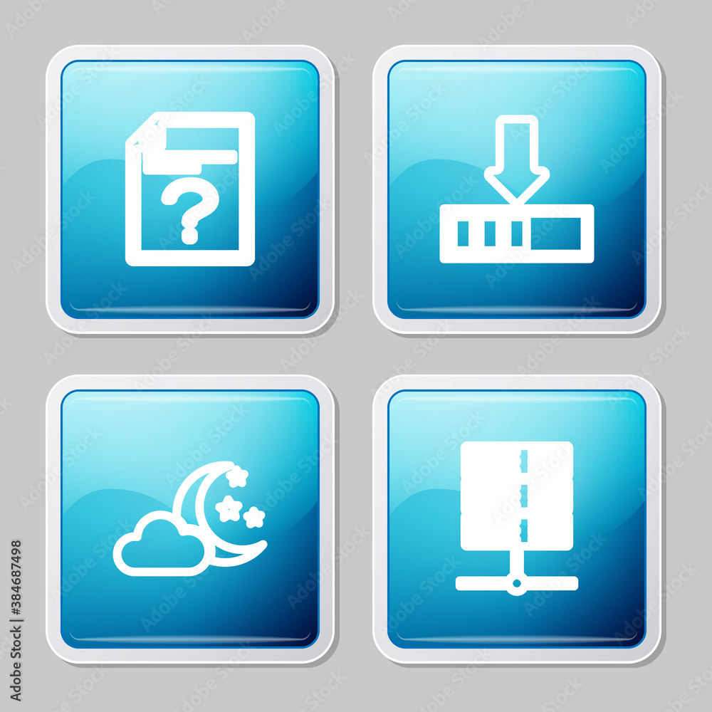 Aufkleber Set line Unknown document, Loading, Cloud with moon and stars and Server, Data, Web Hosting icon. Vector.