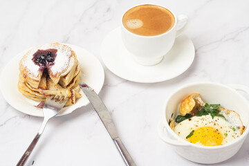 healthy breakfast of organic products on white background.