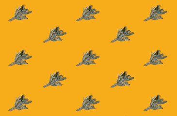 Obraz premium Orange Xmas background. Fir tree seamless pattern. New Year party natural decor. Evergreen plant creative arrangement. Blue spruce twig minimalist symmetrical composition isolated on bright yellow.