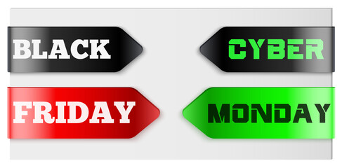 Black friday and Cyber Monsday tag ribbon. Label and Sticker for shop goods. Realistic modern style. Vector Illustration Isolated on white background.