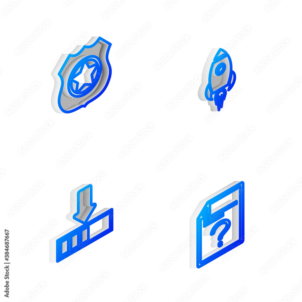 Poster set isometric line rocket ship with fire, police badge, loading and unknown document icon. vector.