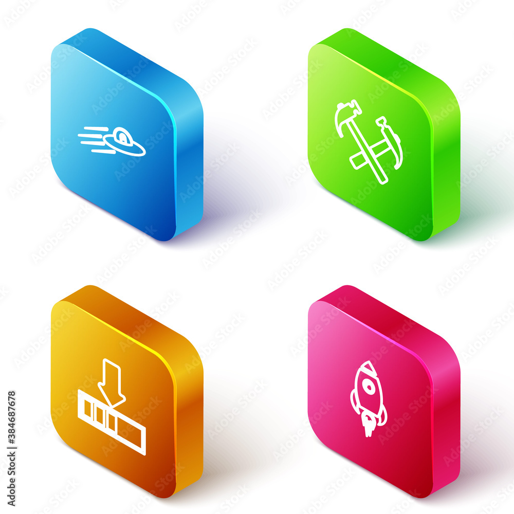 Poster set isometric line ufo flying spaceship and alien, two crossed hammers, loading and rocket with fire