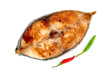 King mackerel or spotted mackerels steak isolated on white background ,fried Scomberomorus fish