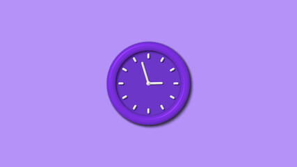 Purple color counting down 3d wall clock isolated on purple light background, 12 hours wall clock