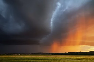 Fotobehang dramatic sunset and rain in a summer field © smolskyevgeny