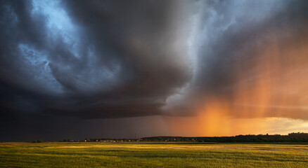 Fototapeta na wymiar dramatic sunset and rain in a summer field