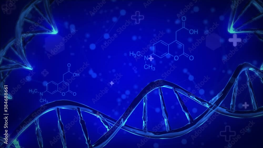 Poster wireframe dna molecules structure mesh on soft blue loop background. science and technology concept.