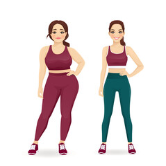 Fat and slim woman, before and after weight loss in sportswear vector illustration isolated