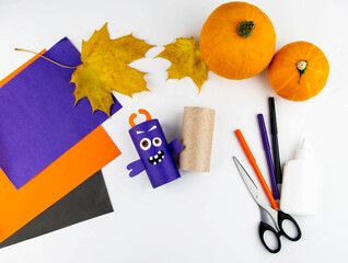 Halloween decoration. DIY and kids creativity concept. Step by step instructions: make a monster...