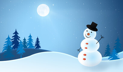 Snowman standing in xmas forest landscape. Merry christmas and happy new year greeting card. Snow background.
