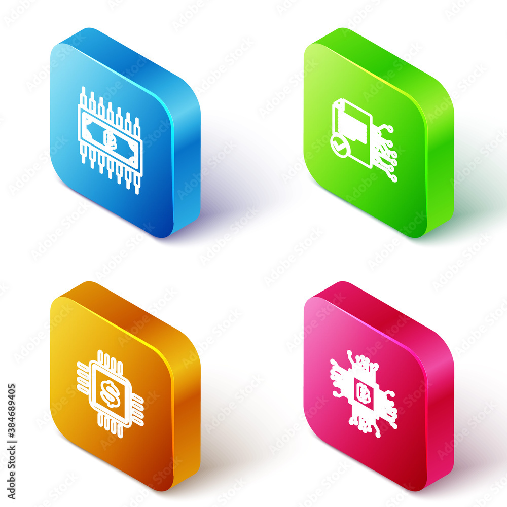 Poster set isometric line cryptocurrency bitcoin with circuit, smart contract, processor chip dollar and cp