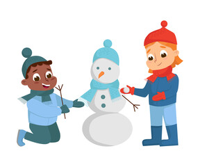 Cute Boy and Girl Building Snowman Vector Illustration