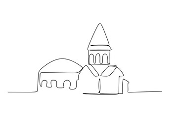 One line drawing of an old church building