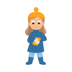 Fototapeta premium Cute Girl in Warm Hat and Knitted Mittens Playing Snowball Fight Vector Illustration