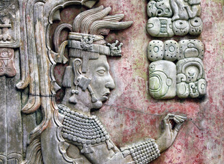 Bas-relief carving with of a Mayan king, Palenque, Chiapas, Mexico - obrazy, fototapety, plakaty