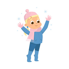 Smiling Girl Enjoying Winter Season and Snow Vector Illustration