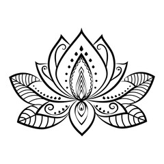 Lotus flower isolated on white, linear drawing, decorative element, mehndi design, vector illustration.