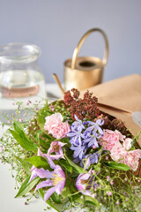 Bouquet 006, step by step installation of flowers in a vase. Flowers bunch, set for home. Fresh cut flowers for decoration home. European floral shop. Delivery fresh cut flower.