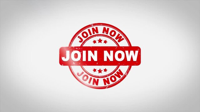 Join Now Signed Stamping Text Wooden Stamp Animation. Red Ink on Clean White Paper Surface Background with Green matte Background Included.