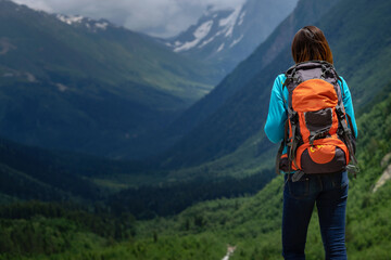 Backpacker on top of a mountain enjoying valley view