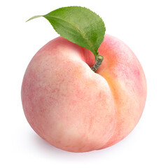 Peach fruit with leaves isolated on white background, Fresh Peach on White Background With clipping path, 