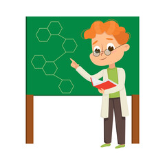 Cute Boy in Laboratory Coat at Blackboard Explainign Molecular Formula Vector Illustration