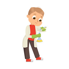 Funny Boy in Laboratory Coat Mixing Chemicals in Glass Flask Vector Illustration