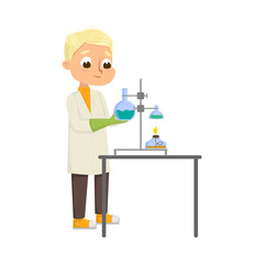 Smart Boy in Laboratory Coat Conducting Chemical Experiments in Glass Flask Vector Illustration