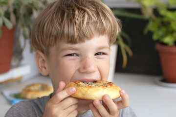 boy eating donut. Kid eating unhealthy fast food. Problem is childhood obesity