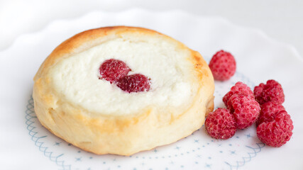 Sweet pastries with cottage cheese and fresh raspberry on plate